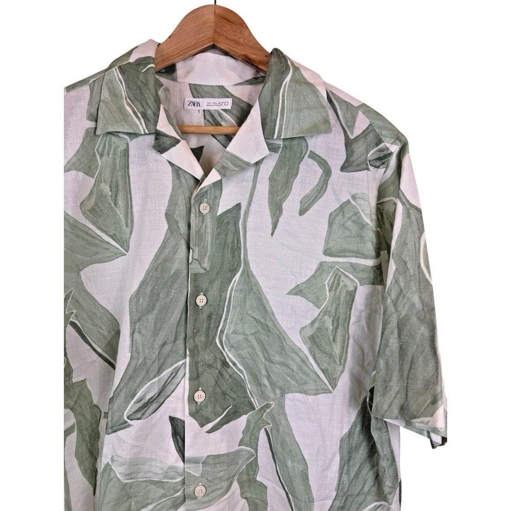 Zara Hawaiian Shirt Linen/Cotton Blend Men's Size L Green Geometric AOP